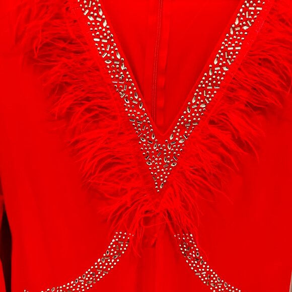 Red Feather-Trimmed Statement Jumpsuit - Picture 4 of 7